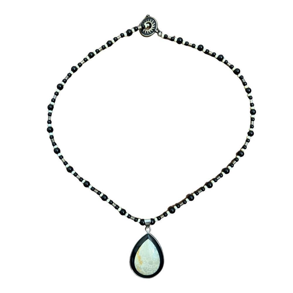 Fossilized Coral Teardrop Pendant 925 Necklace w/ Onyx Trim & Sunburst Toggle